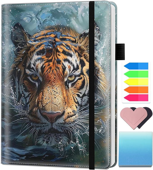 A5 Leather Lined Journal Notebook, 200 Pages Hardcover Executive Notebook for Men Women Office School Note Taking, Thick Writing Paper Daily Journal with Bookmarks/Indexes, Tiger
