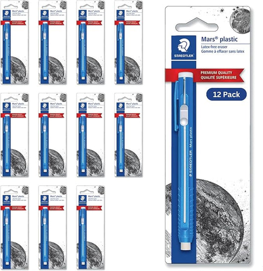STAEDTLER Mars Plastic Eraser Pen, 12-Pack, 12 Total Count German-Made Retractable Pencil Eraser, Vinyl Stick Eraser with Blue Holder for Architectural Sketching, Drawing Supplies for Artists