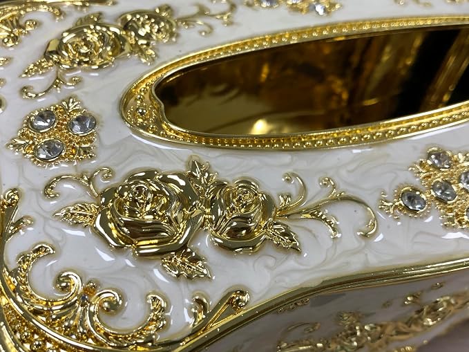 Luxurious Rose Tissue Box with Imitation Diamonds,Gold-White | 9.45"x5.43"x3.94"，Embossed Flowers, Elegant Tissue Paper Holders，for Home Toilet Bath Hotel