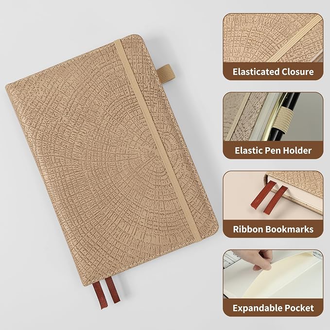 Blank Journal Notebook,256 Pages,A5 Size (5.7'' x 8.3''),Vintage Tree Growth Rings Leather Hardcover Journal,100 GSM Thick Paper,for Daily,Work,School,Note Taking(Khaki)