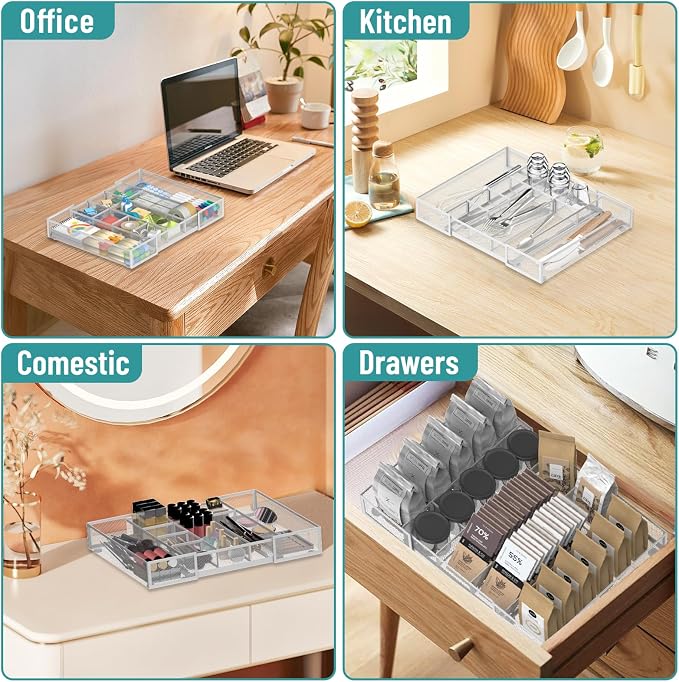 Expandable Desk Drawer Organizer, 10 Adjustable Compartments, White | Metal mesh drawer organizer tray with 5 removable dividers, expands from 8.74 to 16 in for office supplies, makeup or tools