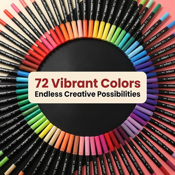 72 Colors Dual Tip Brush Pens, Water-Based Markers with Fine Tip and Brush Tip, Non-Toxic Art Supplies for Adult Coloring Books, Calligraphy, Sketching, Journaling, Drawing