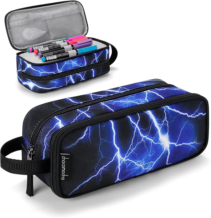 Choco Mocha Boys Pencil Case for Kids, Soft Large Zipper Pencil Pouch for Boys with 2 Compartments Boy Pencil Case for School Lightning Pencil Bag, Blue