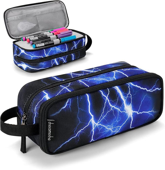 Choco Mocha Boys Pencil Case for Kids, Soft Large Zipper Pencil Pouch for Boys with 2 Compartments Boy Pencil Case for School Lightning Pencil Bag, Blue