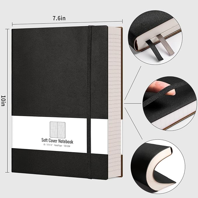 AHGXG Lined Journal Notebook - 320 Numbered Pages Thick Journals for Men, Large B5 College Ruled Notebook for Writing, 100gsm Thick Paper, Leather Softcover, for Women Work School, 7.6'' X 10''-Black | College Ruled Leather Journal for Women, 100gsm Th...
