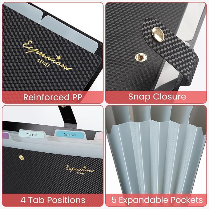 Sooez Expanding File Folder, Letter Size Accordion File Organizer, 5 Pocket Folders for Documents, Cute Folder with Labels, Portable Paper Organizer for School Office Supplies, A4 Size, Purple