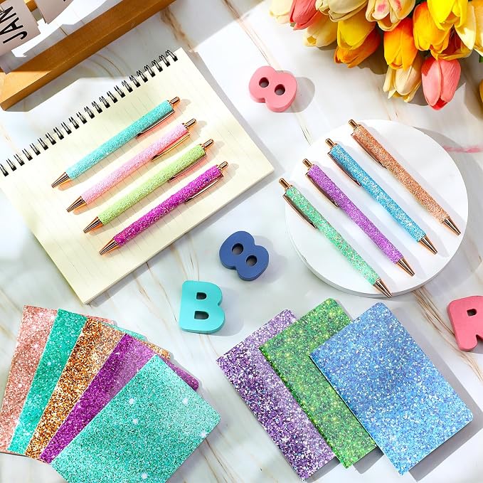 Sayglossy 16 Pack Glitter Pens and Notepads Set 8 Mini Glitter Pocket Notebooks 8 Fancy Sparkly Ballpoint Pens Stationery Gifts for Women Teacher Journaling School Office Supplies (Classic Color)