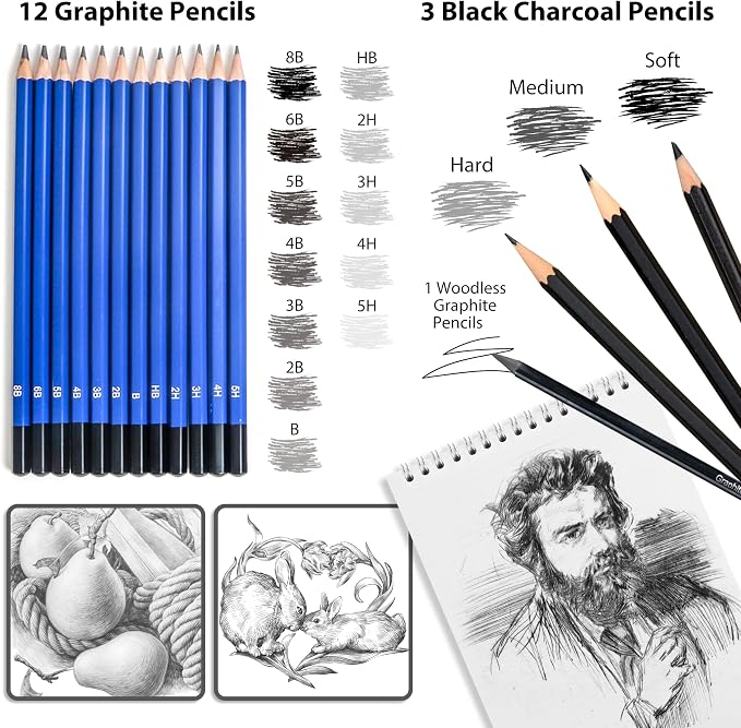 Smilo 76-Piece Art Supplies Sketching Kit with Sketchbook and Travel Case | Graphite Charcoal Watercolor Metallic and Woodless Pencils, Art Knife, Sandpaper Block, Drawing Set for Adults and Beginners