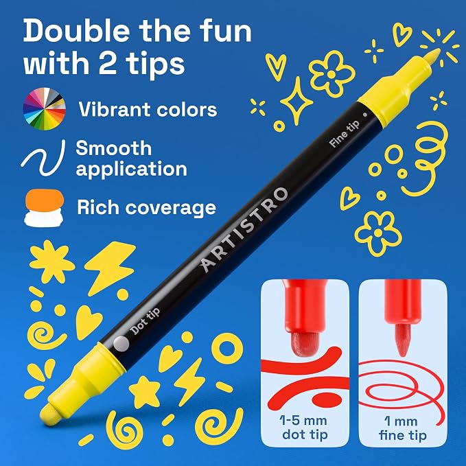 ARTISTRO 24 Precision Dual-Tip Acrylic Paint Markers – Paint Pens Set with Dot & Fine Tips for Fabric, Rock, Glass, Wood, Coloring Books – Arts & Crafts Gift – Classroom Must Haves & School Supplies