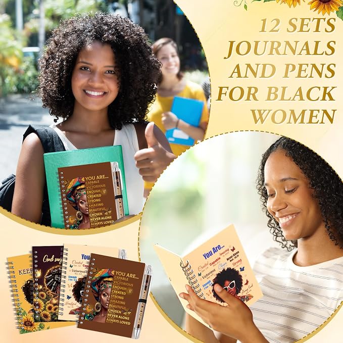Colarr 12 Sets Black Women Journals and Pen Gifts African American Journal and Pen for Black Girl Lady Brown Inspirational Spiral Notebooks African American Gifts