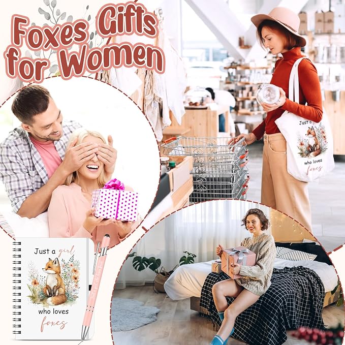 Kinlop 5 Pcs Foxes Gifts for Women Include Just a Girl Who Loves Foxes Tote Bag Canvas Cosmetic Bag Coil Notebook Keychain and Ballpoint Pen for Women Girls