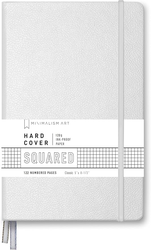 Minimalism Art, Premium Hard Cover Notebook Journal, Classic 5" x 8.3", 122 Numbered Pages, Gusseted Pocket, Ribbon Bookmark, Extra Thick Ink-Proof Paper 120gsm, San Francisco (Squared, White)