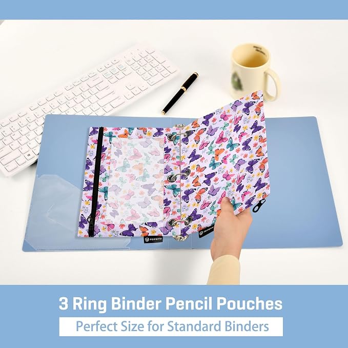 Butterfly Lavender Binder Pouches 3 Ring for Boys Girls School Office College Supplies Purple Rose Flower Pencil Pouches Case Bag with Clear Window and Zipper 2 Pack
