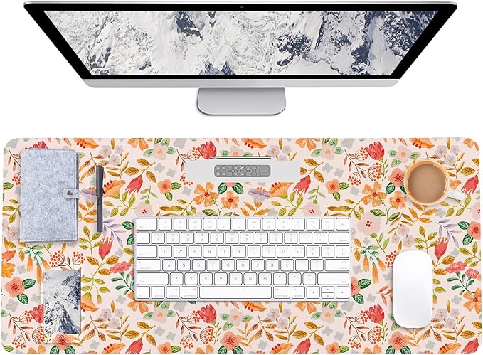 Botanical Floral Desk Pad Blotter,Large Mouse Pad 35 x 17in,PU Leather Desk Mat Writing Pad Protector, Non-Slip Waterprrof,Desktop Decor for Home Office & Gamers Women Girls (Spring Flower)