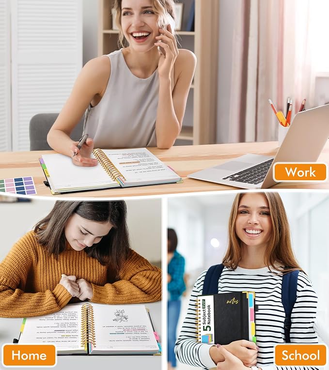 5 Subject Spiral Notebook Journal with Removable Dividers Tabs, 300 Pages Organizer Notebooks for Work School, 8"x10" Hardcover Leather Notebook College Ruled, Large Lined Journal for Women Men,Black