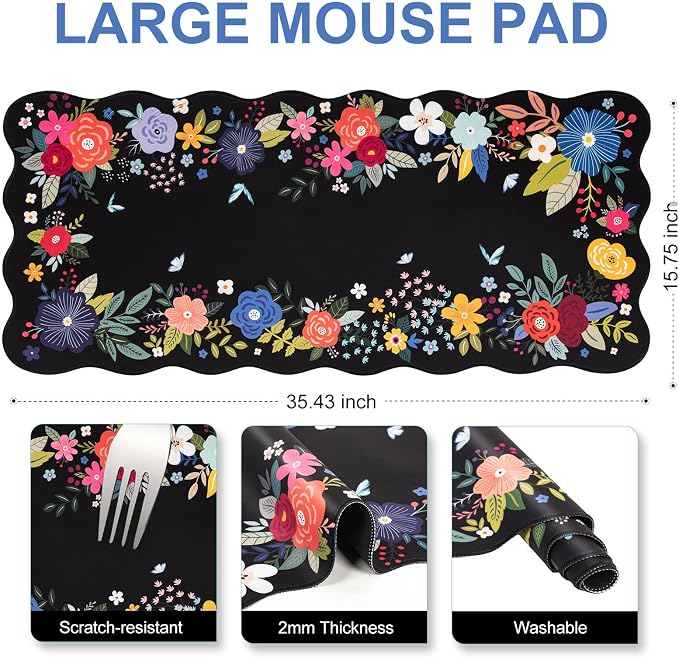 L-SPOUTTO Floral Mouse Pad,Black Desk Mat XXL Large Scalloped Gaming Mousepad,35.4x15.7in Non-Slip Rubber Base Keyboard Pad Waterproof Desktop Mat for Laptop Computer Game Home Office-Black Floral