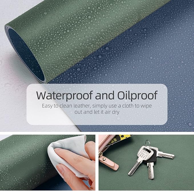 YSAGI Dual-Sided Desk Pad Protector, 31.5" x 15.7" Desk Mat with Non-Slip - Waterproof PU Leather Office Desk Blotter for Mouse, Keyboard, Writing, Dark Green+Dark Blue