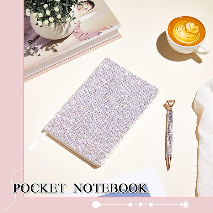 Rhinestone Pen & Glitter Notebook Set, Hard Cover Bling Diary Journal for Girls, Cute School Supplies for Back to School, Sparkly Desk Accessories Gift for Women(Rhinestone,A5,Silver)
