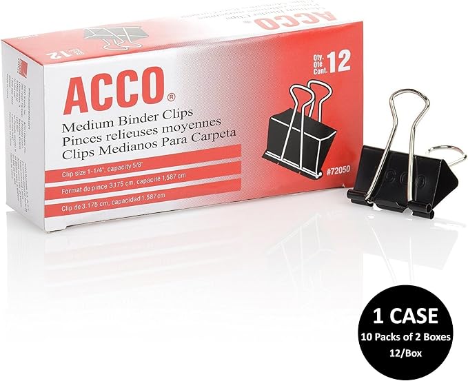 ACCO Binder Clips, Medium, 1 Case, 10 Packs/Case, 2 Boxes/Pack, 12 Clips/Box (A7072062CS)