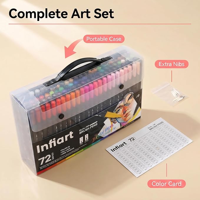 72 Colors Dual Tip Brush Pens, Water-Based Markers with Fine Tip and Brush Tip, Non-Toxic Art Supplies for Adult Coloring Books, Calligraphy, Sketching, Journaling, Drawing