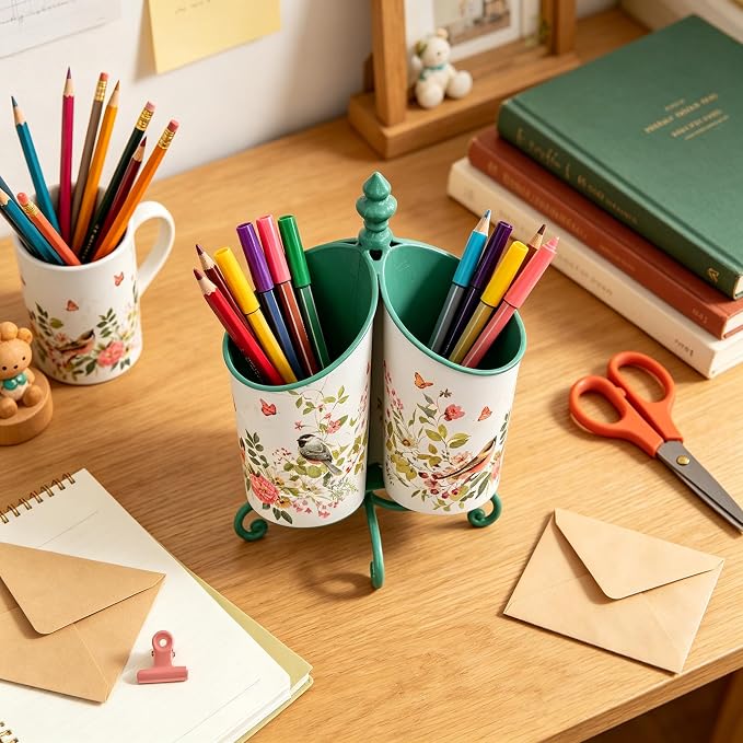 360° Rotating Metal Pen Holder for Desk, Cute Floral Bird Desktop Organizer with Dome Roof, Pencil Cup & Remote Control Holder for Home Office (Green)