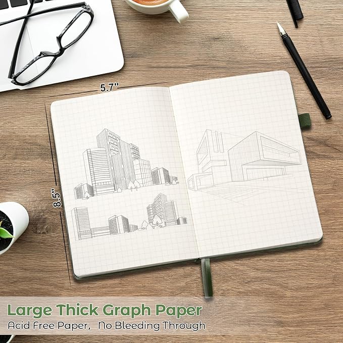 Graph Paper Notebook, Hardcover Leather Grid Notebook Journal for Women Men | No Bleed Thick Paper for Smooth Writing, Lay Flat, A5 Portable Size for Work, School, and Travel, Professional Business Style