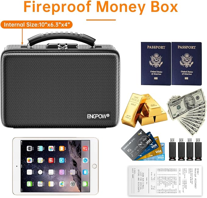 ENGPOW Fireproof Money Box with Lock & Heat-Resistant Fireproof Zipper | 6400°F 12-Layer Fire Protection,Small Hard Case with Multi-Pocket,Portable Home Chest Safe Storage for Money, Jewelry, Black