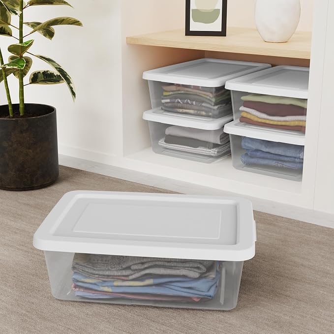 Sterilite Storage Box Stackable Tote, White, 12 Quart, 45 Pack | Clear Plastic Container with Secure Snapping Lids for Home and Office Organization