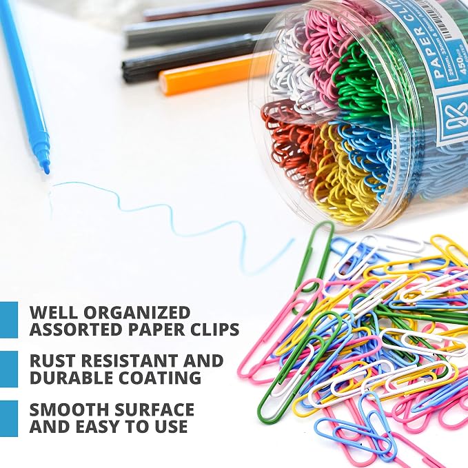 Kempshott 450 Color Paper Clips Assorted Sizes Small, Medium and Large Paper Clips for Paperwork Ideal for Home, School and Office Use (Assorted, Multicolored)