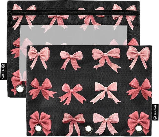 Pink Red Bow Black Pencil Pouch for 3 Ring Binder 2 Pack Zipper Binder Pencil Bag Case with Clear Window Office Supplies