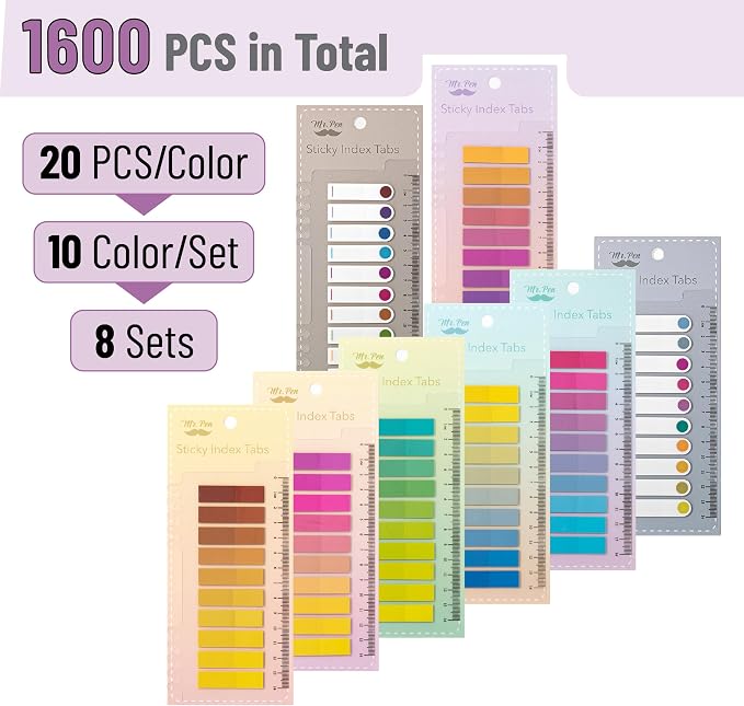 Mr. Pen- Colorful Sticky Tabs, 1600 pcs, Translucent Page Markers | Water-Resistant Book Tabs for Annotating, Bible Study, Planning, Indexing & Document Organization