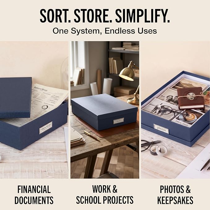 Bigso Oskar Fiberboard Label Frame Document Letter Box - File Organizer Box for Important Paperwork - Document Storage with a Lid & Metal Label Window - 3.3 in x 10.2 in x 13.8 in - Dark Blue