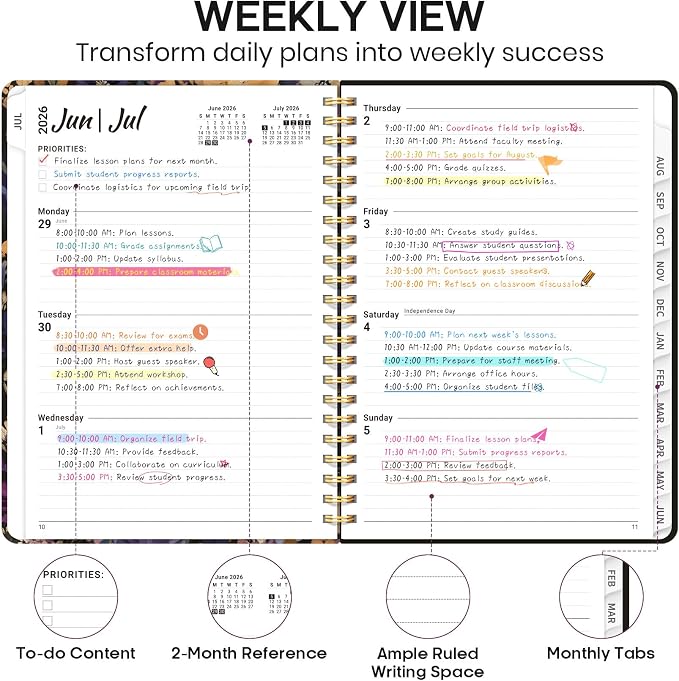 Academic Planner 2026-2027, Weekly and Monthly Calendar Book, July 2026 – June 2027, Hardcover Planner with Tabs, Perfect for Teachers, Students, Women & Men, A5 (6.4" x 8.5") - Midnight Bloom