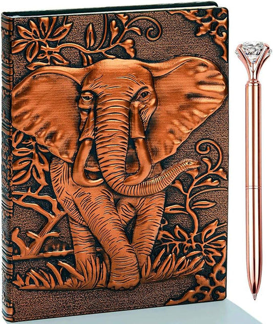 3D Elephant Vintage Leather Journal Writing Notebook with Pen Set,Antique Handmade Leather Daily Notepad Sketchbook,Travel Diary&Notebooks to Write in,Elephant Journal Gift for Men Women