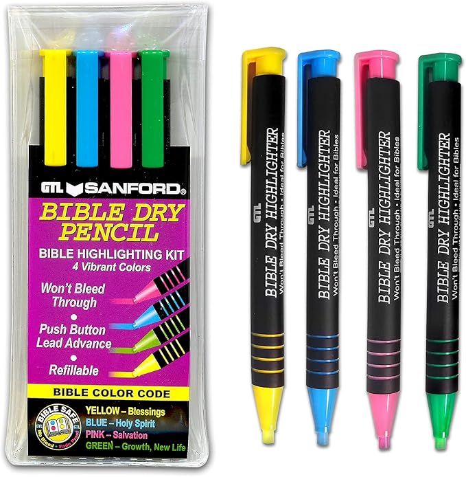 G.T. Luscombe Company, Inc. Bible Dry Highlighting Kit | No Bleed Eco-Friendly Refillable Dry Highlighters | No Sharpening | No Smearing or Fading | Yellow, Blue, Pink, Green (Set of 4)
