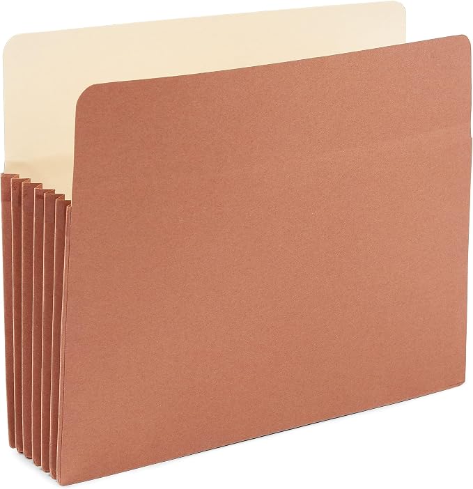 Staples Reinforced File Pockets, Letter Size, 5.25‑Inch Expansion, Heavy‑Duty Brown Gusseted Folders – 20/Carton