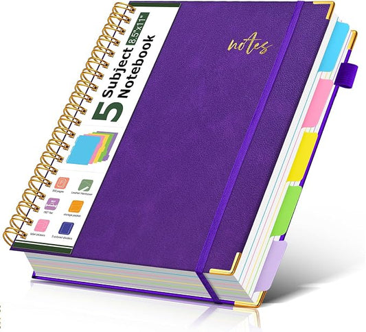Hardcover Spiral Notebook Journal 8.5" x 11" Leather 5 Subject Notebook with Removable Dividers Tabs, 300 Pages Organizer Notebooks for Work School, College Ruled, Large Lined Journal for Women,Purple