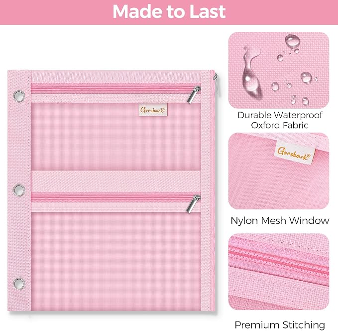 3-Ring Binder Pencil Pouch, Zipper Organizer with 3 Compartments, Mesh Window & Metal Grommets, Durable Oxford Pen Case for School Office Supplies Pink