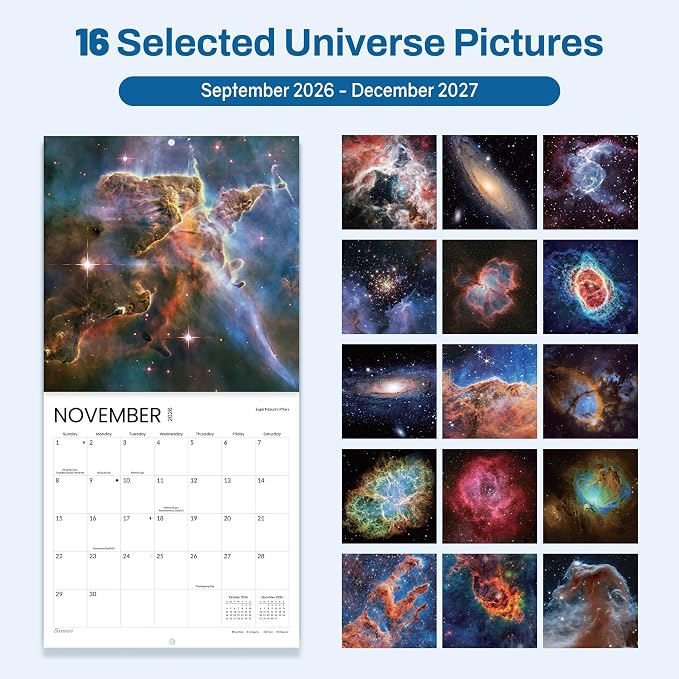 SUNEE Calendar 2026-2027 for Wall, 2027 Large Wall calendar 12x12 Inches with 16 Months from September 2026 to December 2027, Thick Glossy Paper, 12" x 24" (Open), Space, Universe
