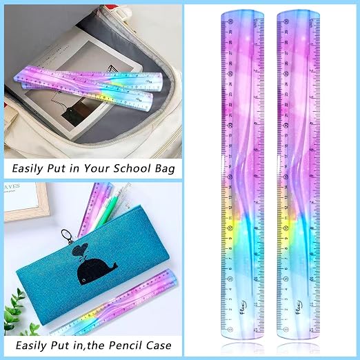2 PCS 12 Inch Flexible Ruler, Bendable Plastic Ruler, Soft Bendable Gradient Colour Rulers with Centimeters and Inches for Student School Classroom Office Supplies