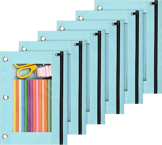Lanpn Pencil Pouch for 3 Ring Binder 6 Pack, Pastel Binder Pen Bags with Zipper, 3 Holes Pencil Holder Stationary Organizer for Boy Girl Kids School Student, Reinforced Grommets & Clear Window, Blue