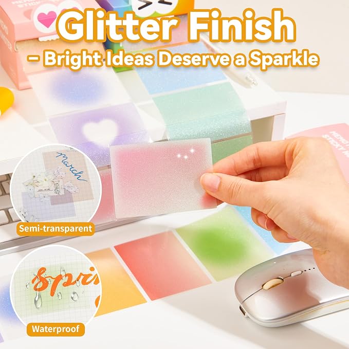 Monster Sticky Notes – Glittery Semi-Transparent Full-Adhesive Sticker Notes with Cute Monster Box, 105 Sheets for School Supplies, Office Products, Journaling, Scrapbooking & Labels （Rainbow）