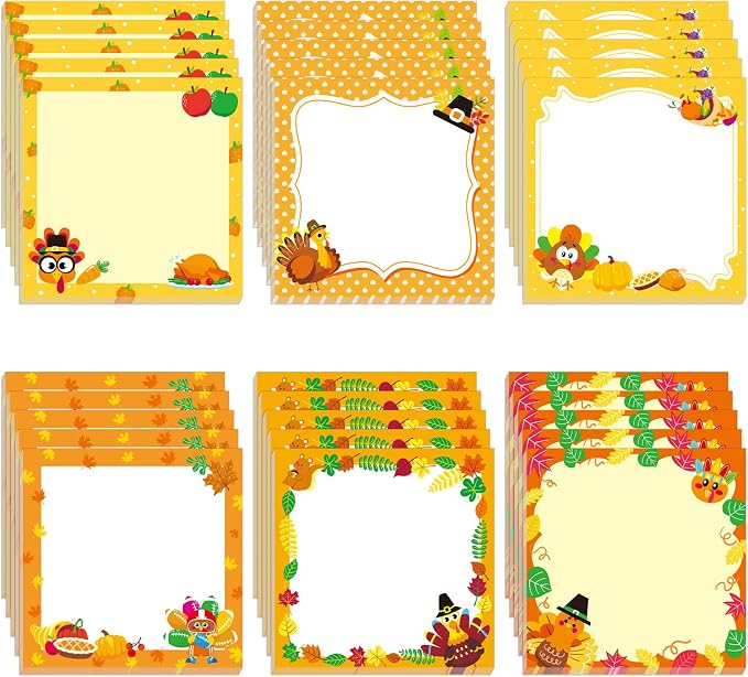 30 Pack Fall Turkey Sticky Notes for Kids - 600 Sheets Thanksgiving Notepads for Thank You Gifts, Party Favor, Notes, Message Reminder, School Supplies