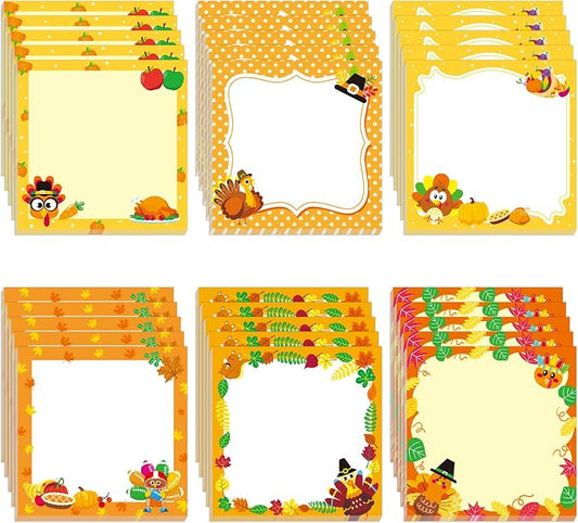 30 Pack Fall Turkey Sticky Notes for Kids - 600 Sheets Thanksgiving Notepads for Thank You Gifts, Party Favor, Notes, Message Reminder, School Supplies