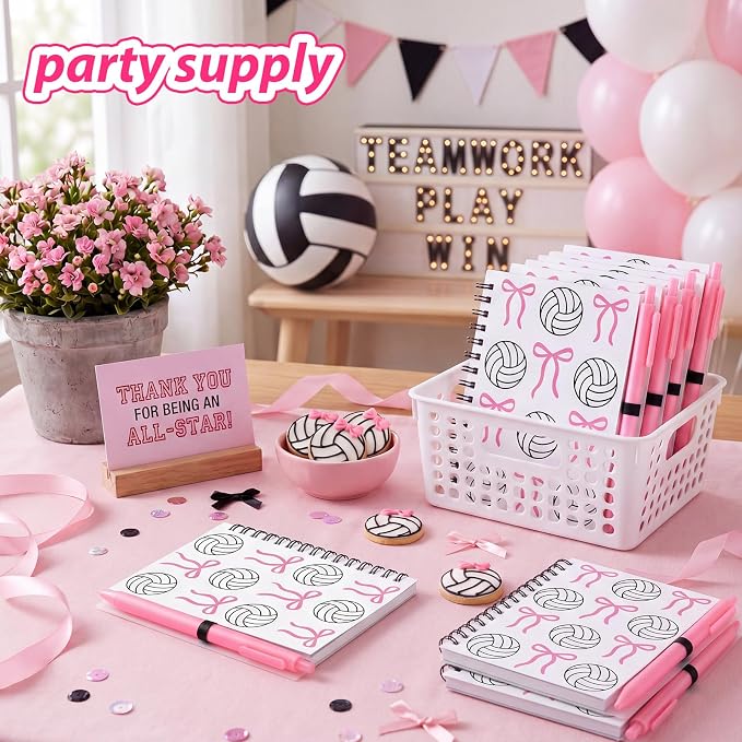 Engrowtic 20 Set Pink Volleyball Gifts, Volleyball Bow Notebooks with Pens Bulk Spiral Pocket Notebooks Lined Journal with Pink Pens Gifts for Team Players Christmas Coach Cheerleader