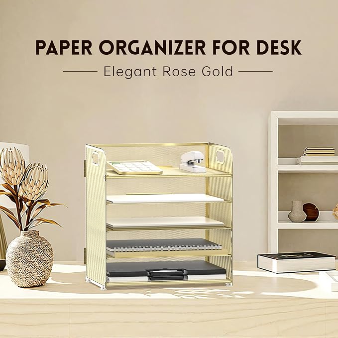 Supeasy 5 Trays Paper Organizer Letter Tray with Handle-Mesh Desk File Organizer, Paper Sorter Desk Organizer for Office, Home or School (Golden)