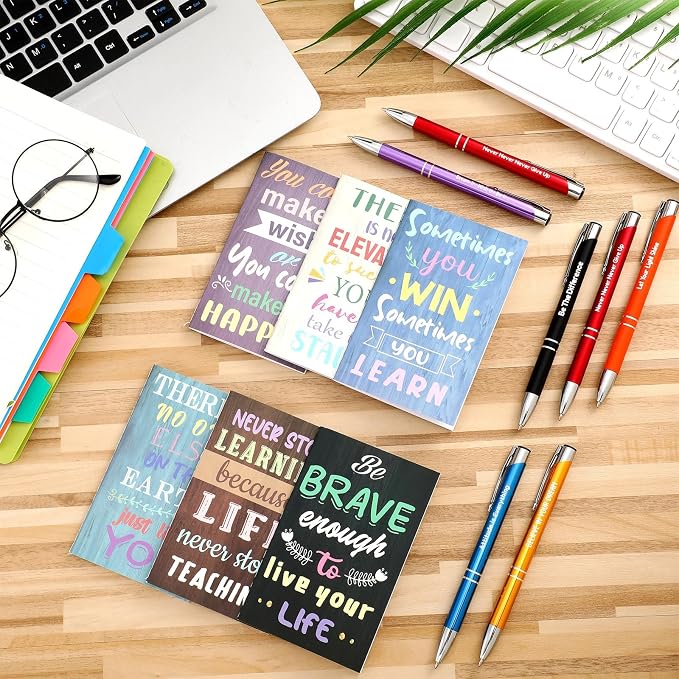 Geyee 24 Pcs Mini Motivational Pens Inspirational Notepads Bulk Appreciation Gifts Small Journals Funny Ballpoint Pen Set Prizes Men Women Office Travel Party Favors(Life)