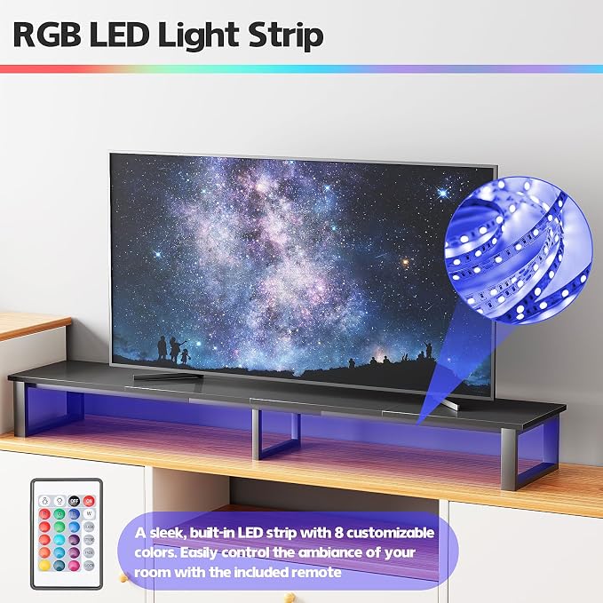aboxoo 45" TV Riser with Light for 32-60 inch TV, TV Shelf with Steel Legs | Black TV Riser Stand with Storage, Tabletop TV Riser for Home Living Room, Study Office, Fit TV, Monitor, Laptop