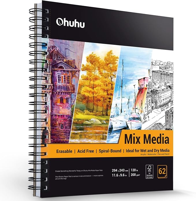 Ohuhu Mix Media Pad, 8.8" x 11.6" Mixed Media Art Sketchbook, 120 LB/200 GSM Heavyweight Papers, 62 Sheets/124 Pages, Spiral Bound Mixed Media Paper Pad for Acrylic, Painting Christmas Gift