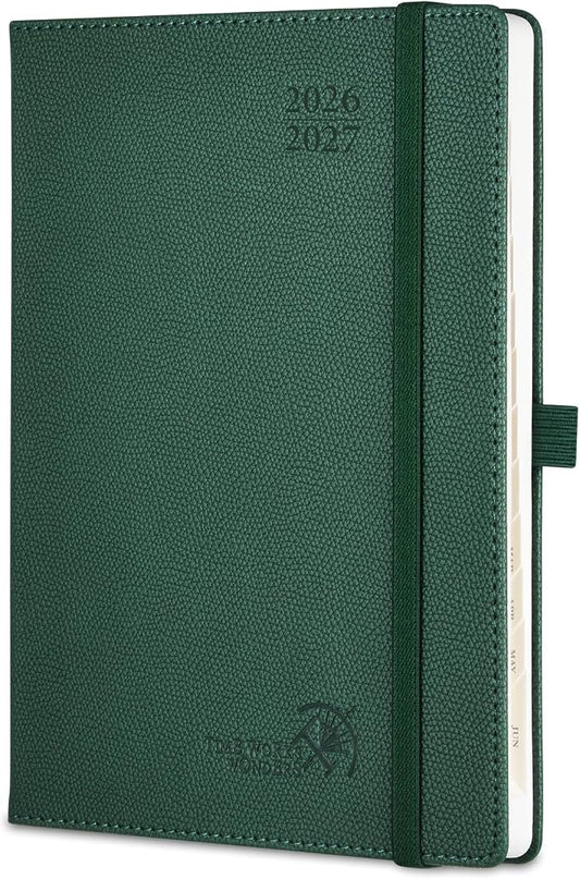 POPRUN Planner 2026-2027 (Size 6.75"x 8.75"), Academic Year Weekly Planner | Calendar Book Jul.2026 - Jun.2027, Appointment Book with Monthly Tabs, Leather Hardcover, Inner Pocket, 100GSM -Forest Green